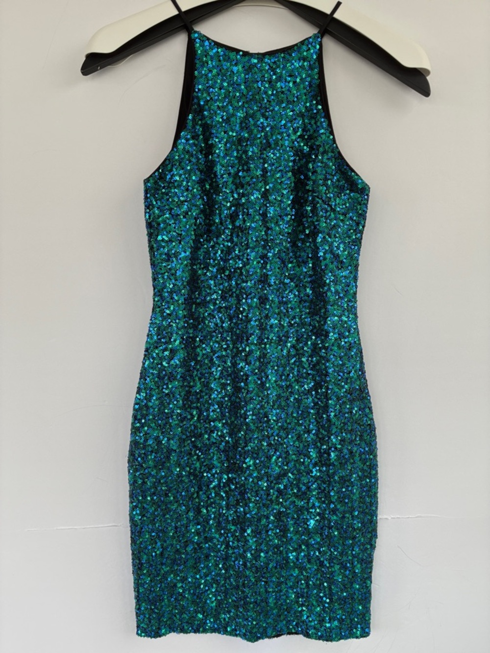 Dress the Population Rowen Blue Green Turquoise Sequin Halter Mini Dress Small